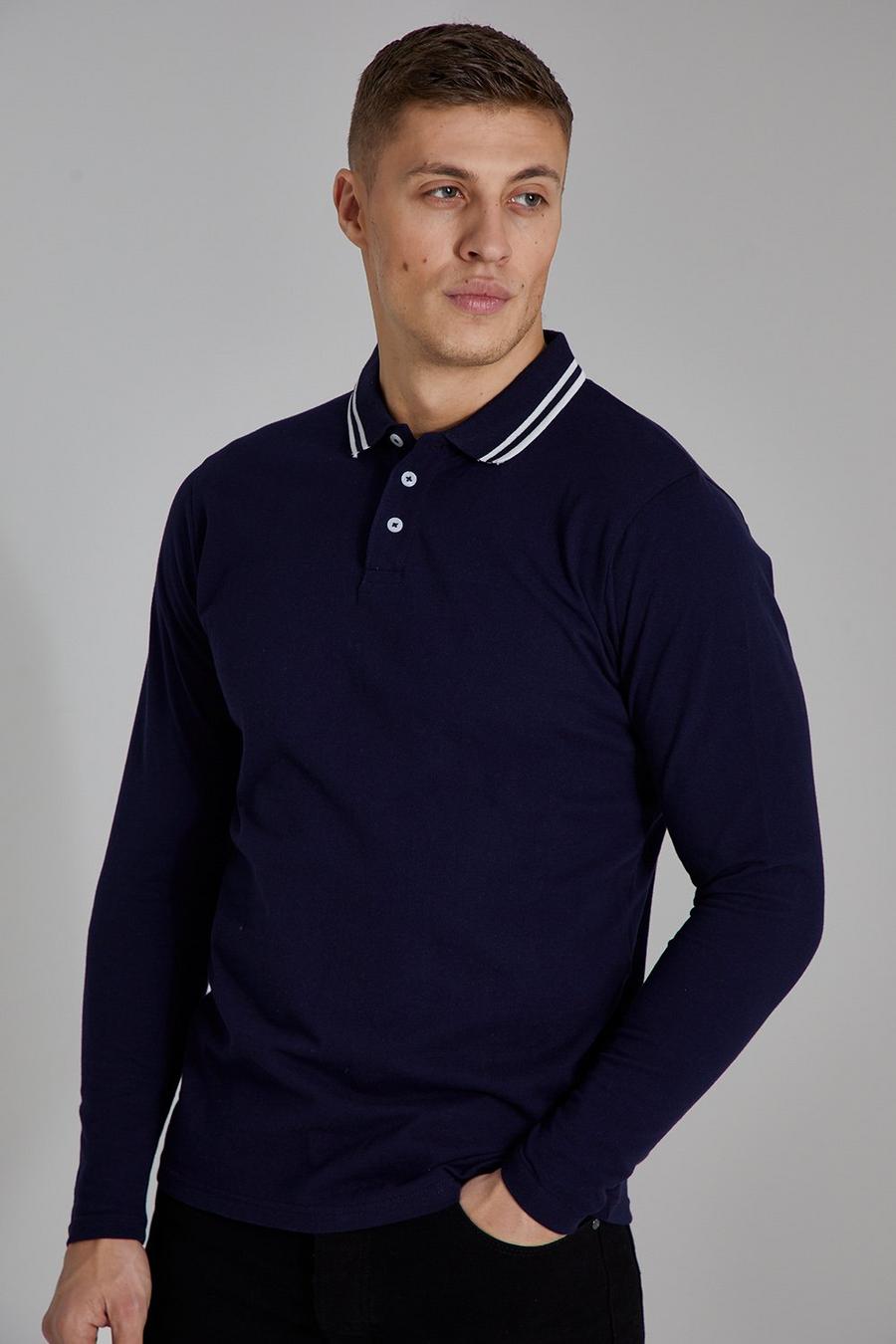 Navy Slim Fit Long Sleeve Tipped Pique Polo image number 1