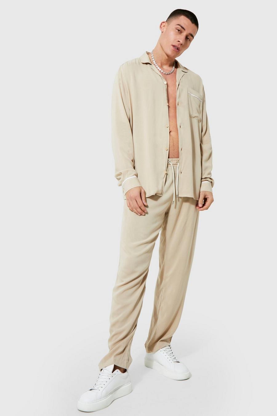 Taupe beige Viscose Piping Shirt And Trouser Set