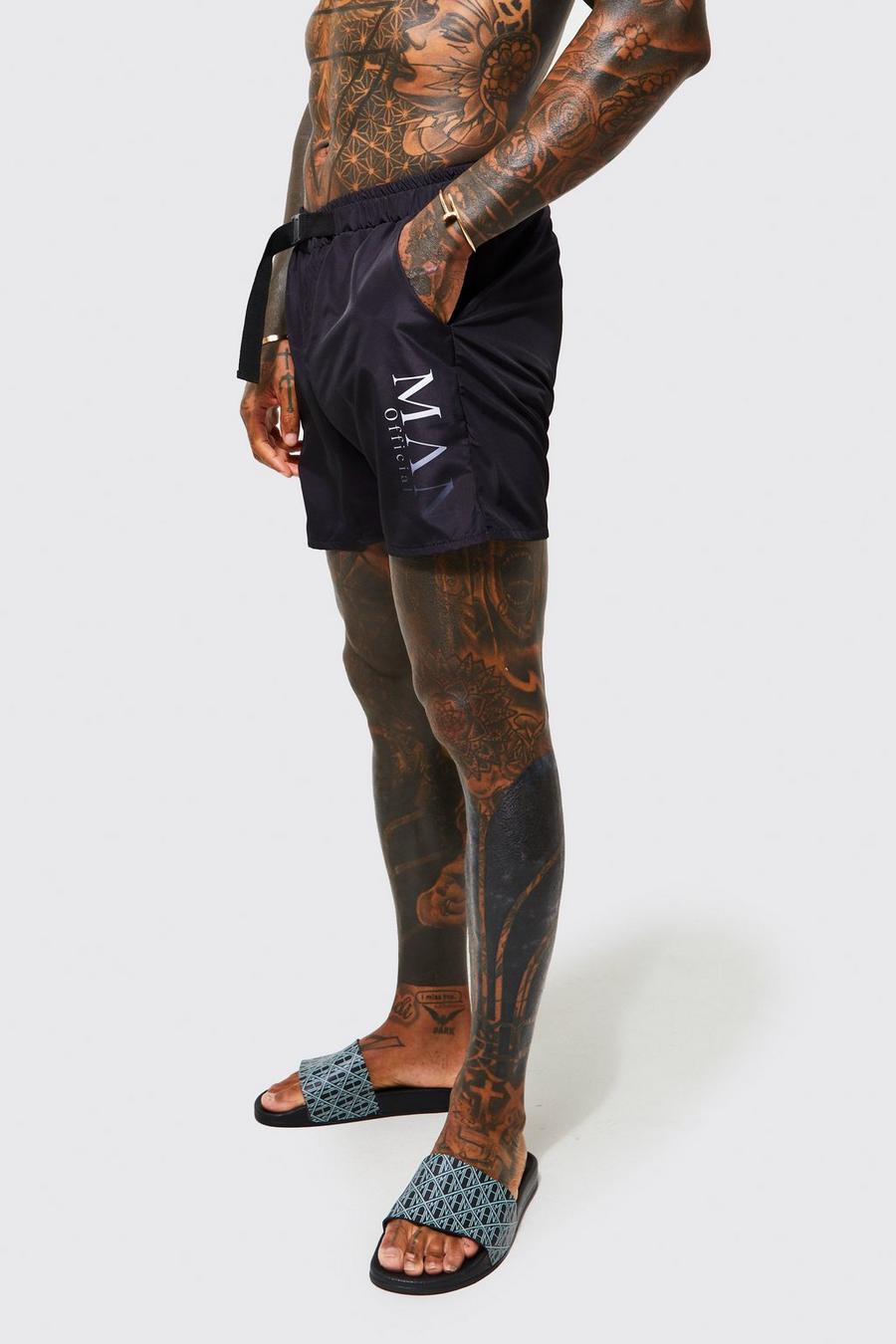 Black Mid Length Official Man Belt Swim Shorts image number 1