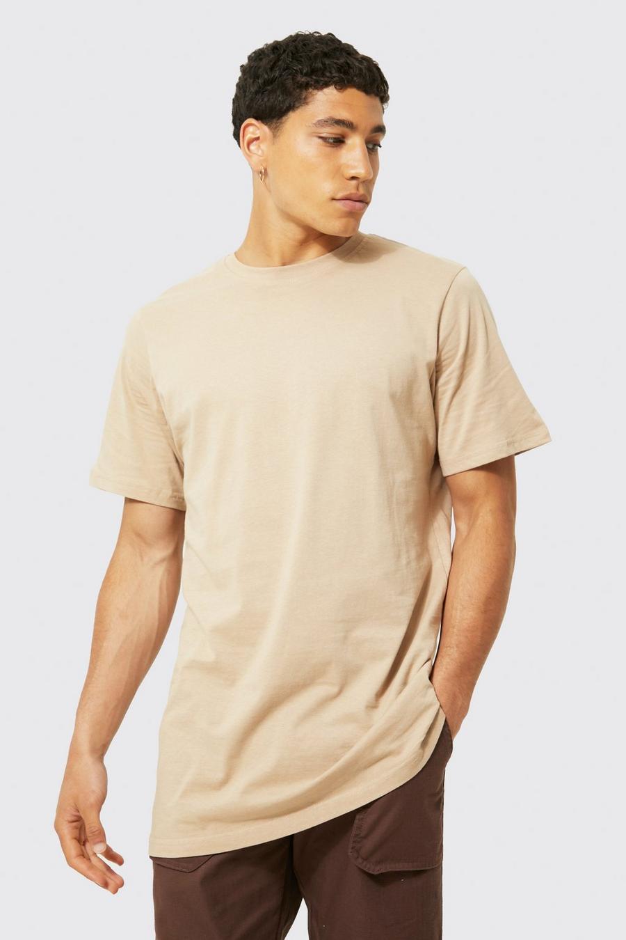 Taupe beige Longline Crew Neck T-shirt with REEL Cotton image number 1