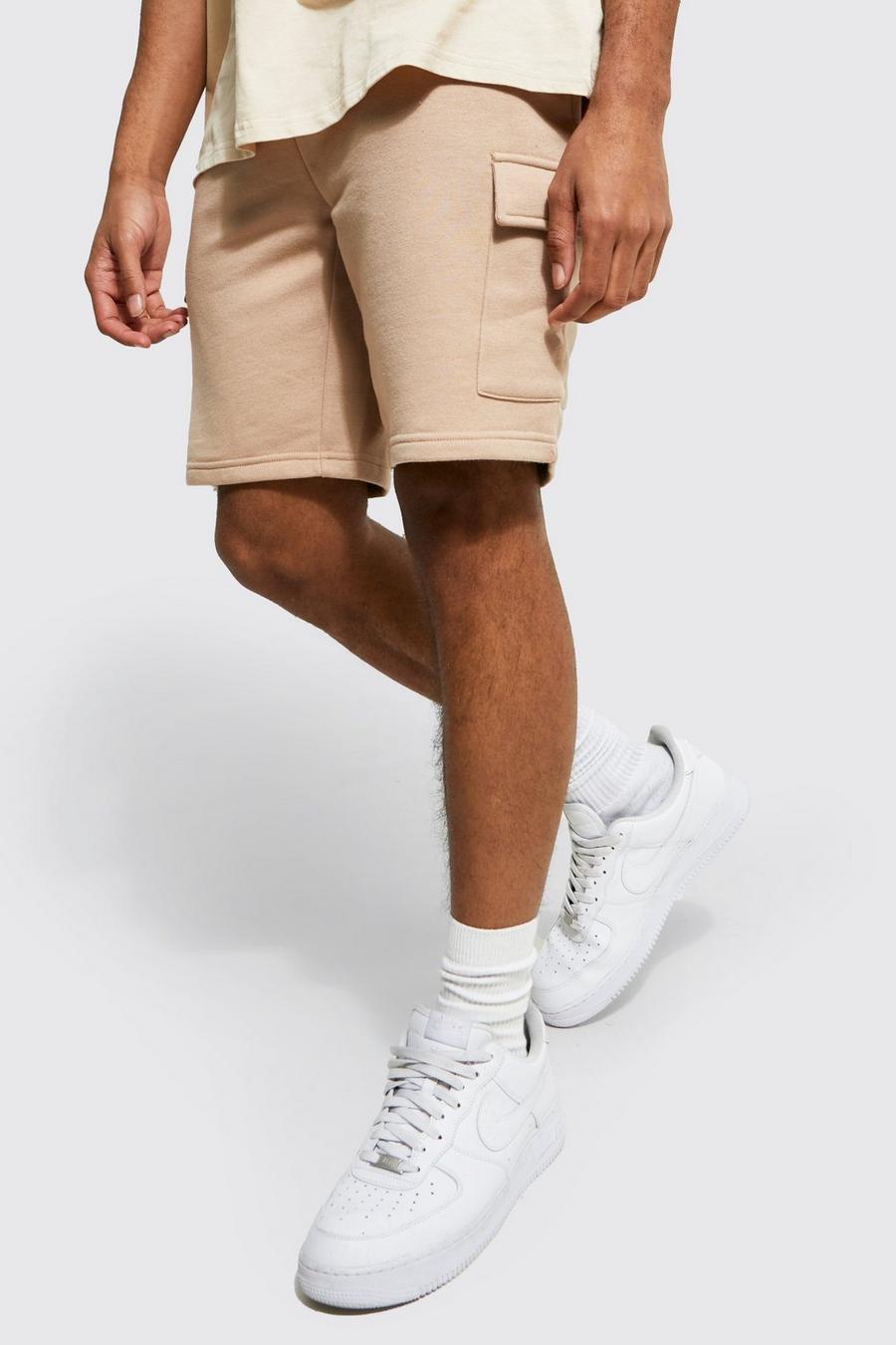 Pantalón corto cargo ajustado de tela jersey con algodón ecológico, Taupe beige