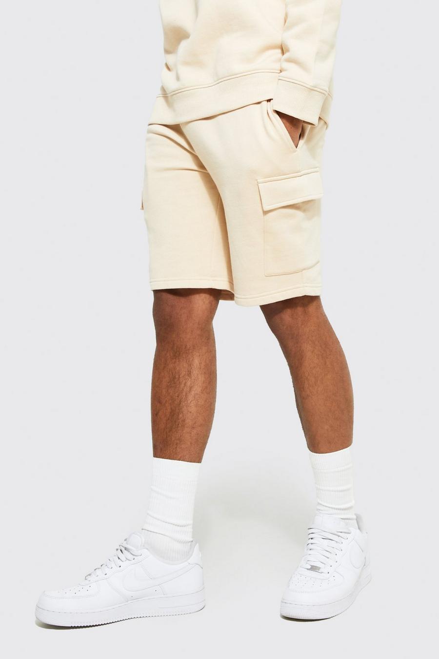 Sand beige Middellange Cargo Jersey Slim Fit Shorts Met Reel Katoen image number 1