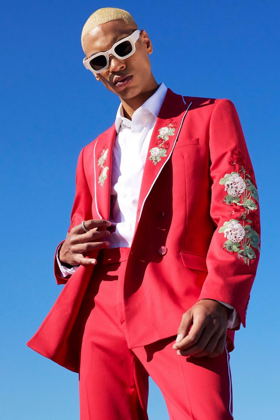 Red Double Breasted Skinny Floral Suit Jacket