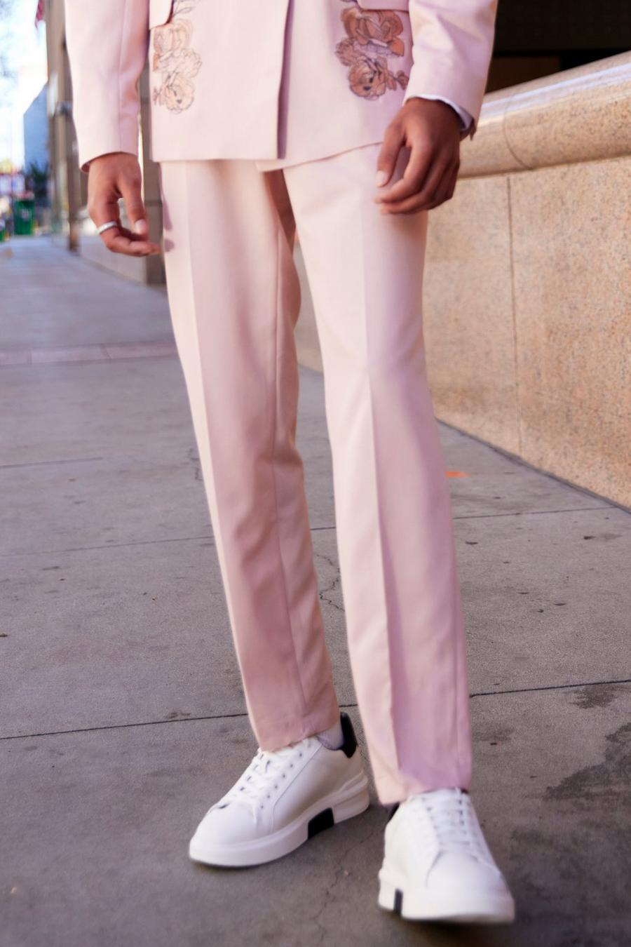 Pantalon de costume slim à broderies fleuries, Pink image number 1