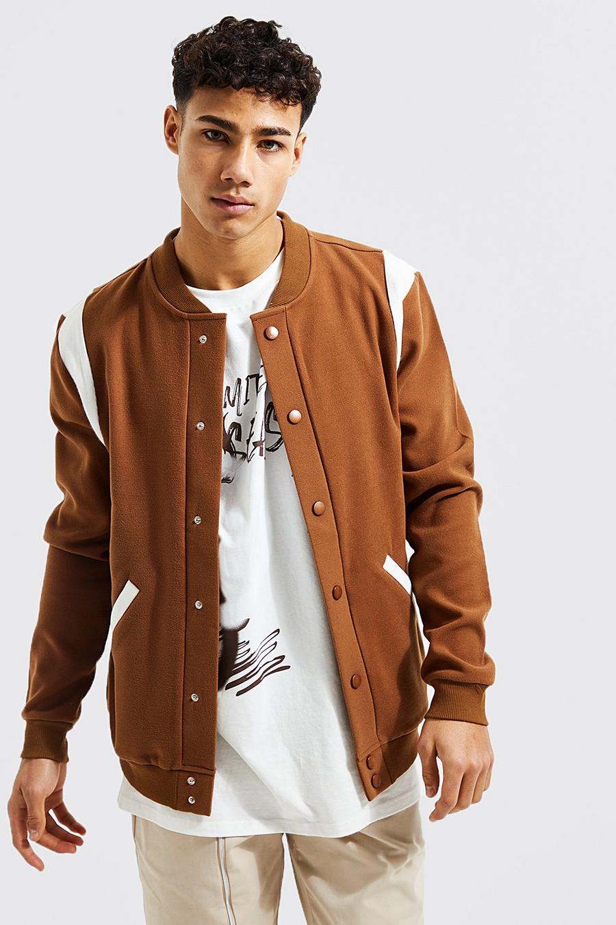Tan Wool Look Contrast Panel Bomber image number 1