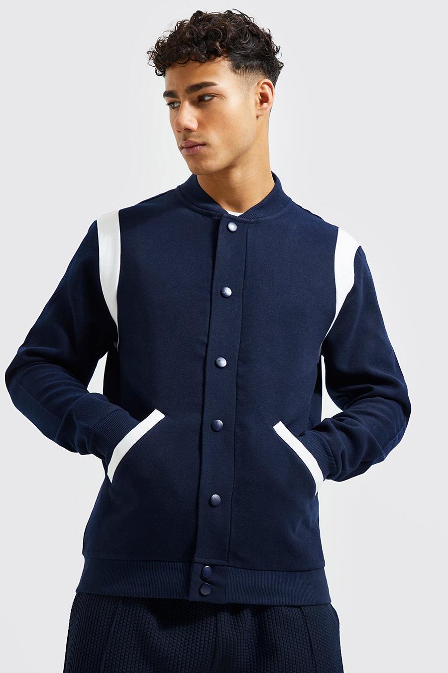 Navy Wool Look Contrast Panel Bomber image number 1
