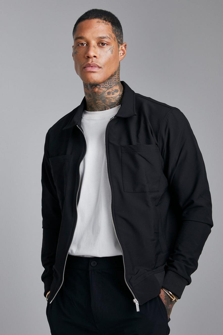 Black 4 Way Stretch Harrington With Patch Pockets  image number 1