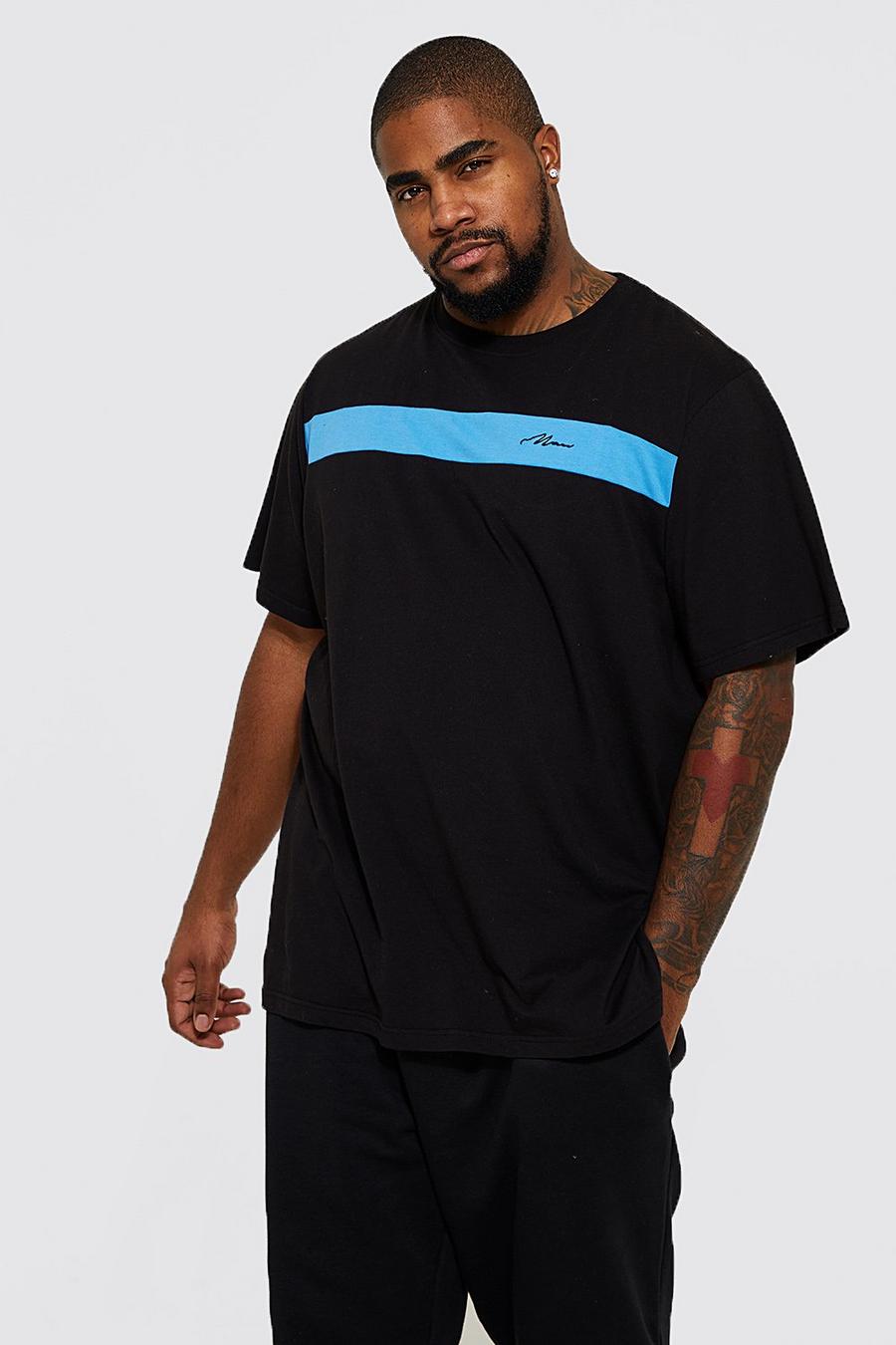 T-shirt Plus Size a blocchi di colore con firma Man, Black nero