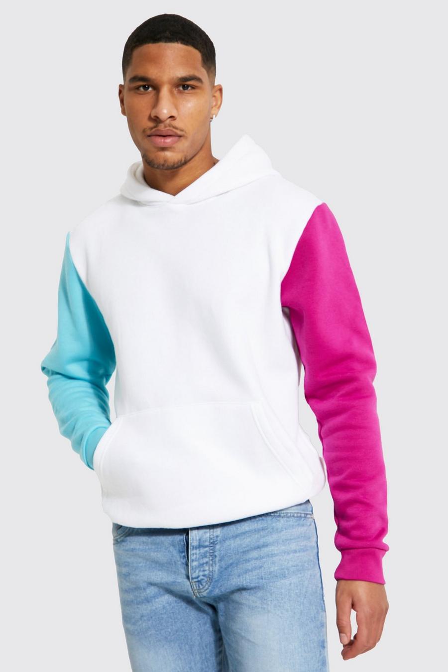 White Tall Contrast Sleeve Colour Block Hoodie