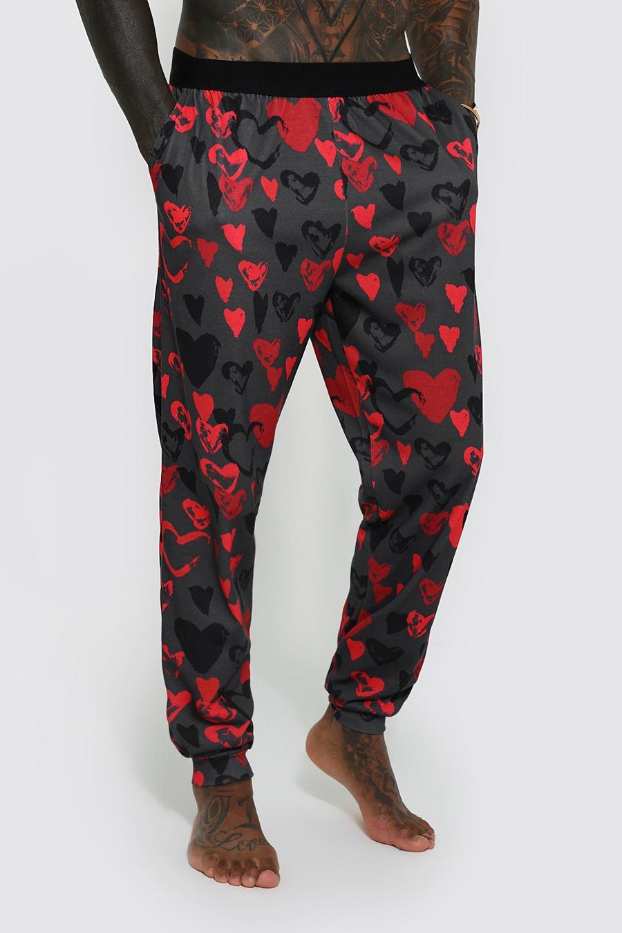Black All Over Print Heart Loungewear Pants image number 1