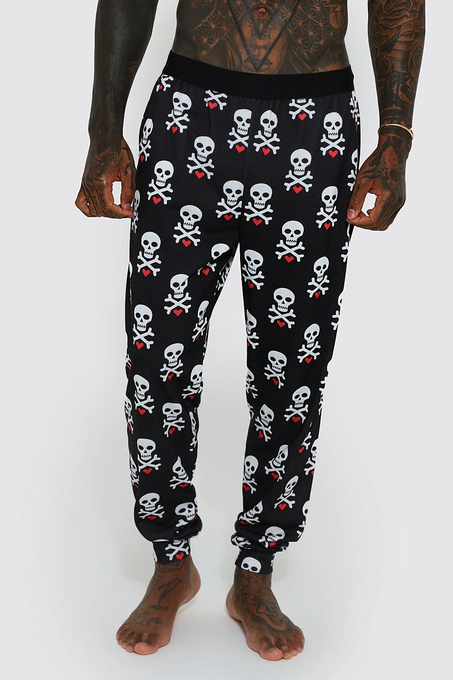 Black All Over Rose Skull Print Loungewear Pants  image number 1