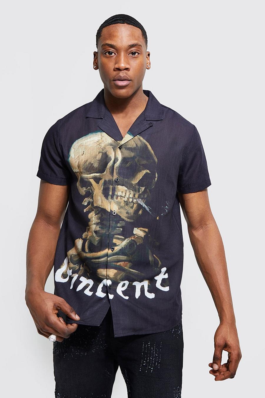 Black nero חולצה עם הדפס ממותג של Vincent Van Gogh וצווארון שטוח