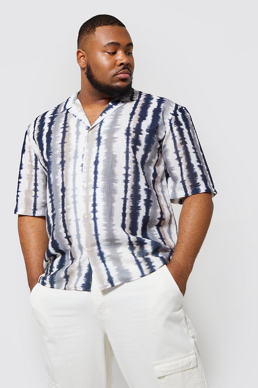 Ecru Plus Linen Revere Collar Stripe Print Shirt image number 1