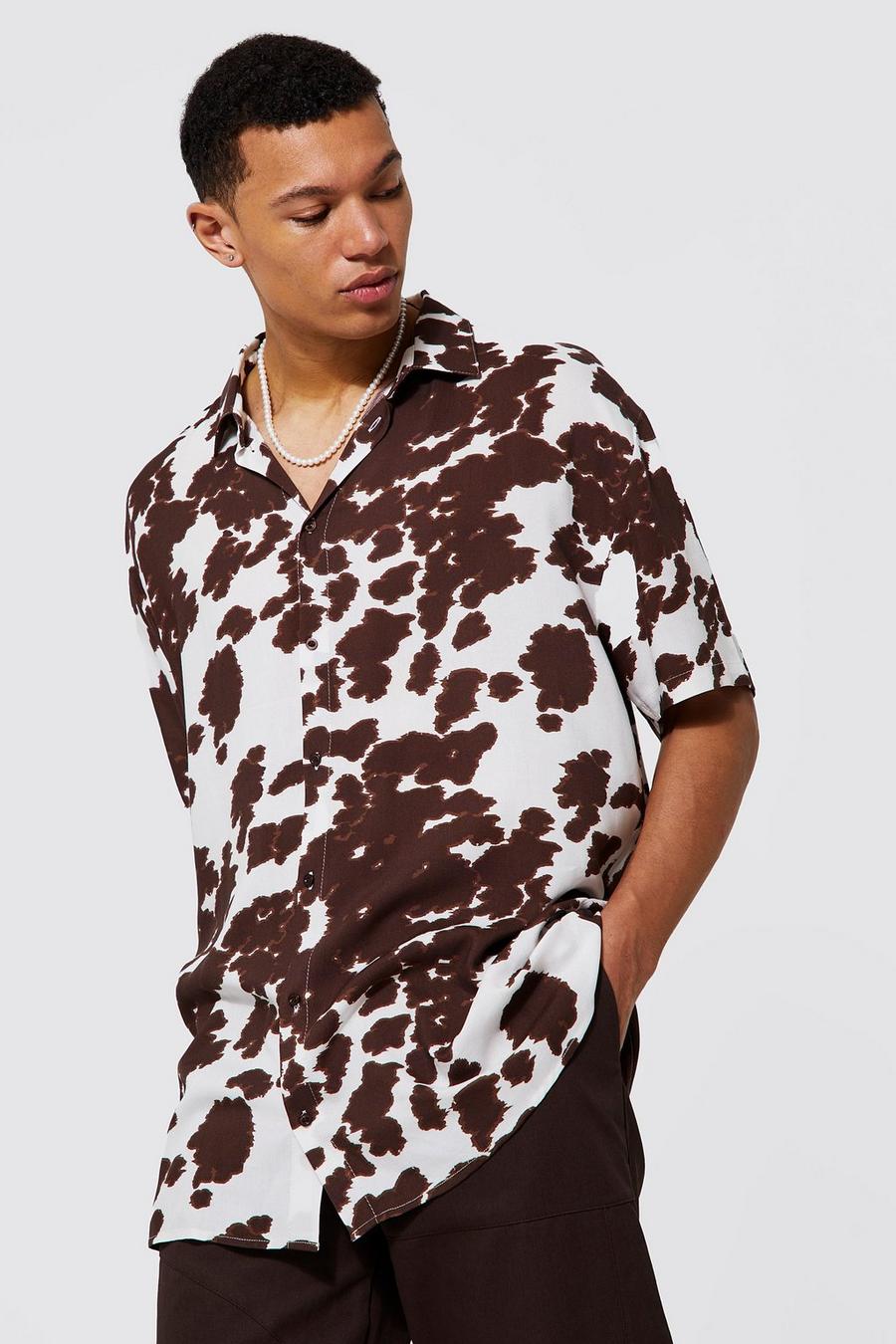 Brown Tall Viscose Cow Print Shirt image number 1