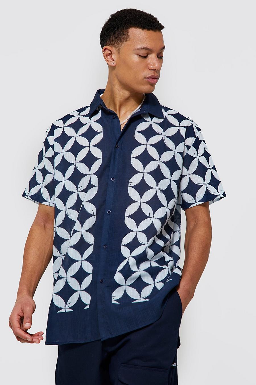 Navy Tall Linnen Overhemd Met Geo Print Zoom