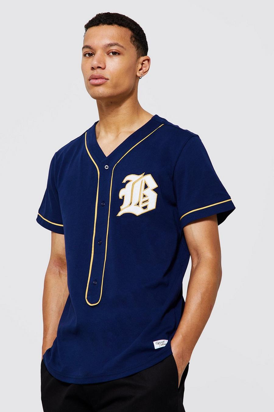 Camisa Tall de tela jersey con aplique de béisbol., Navy azul marino