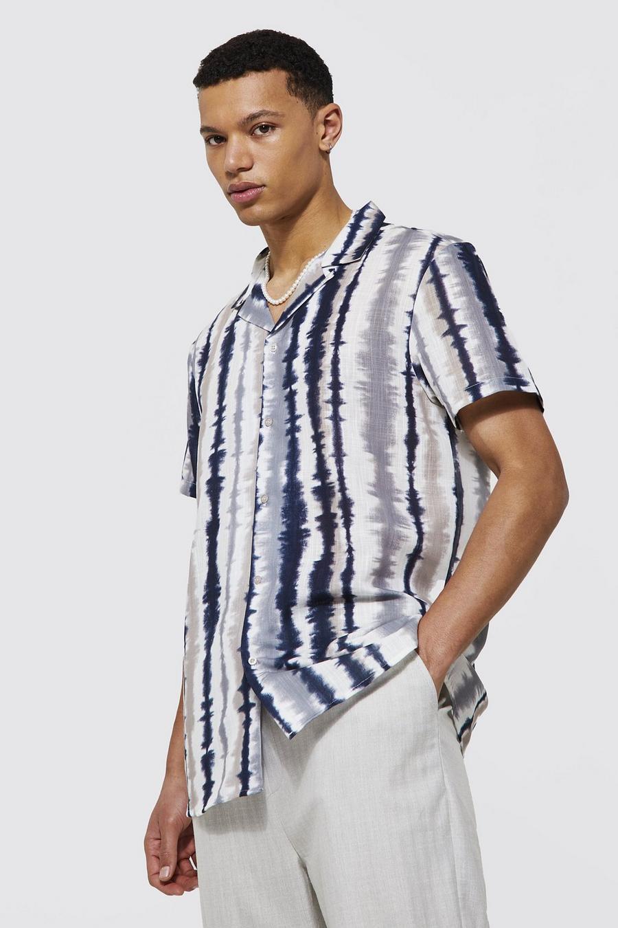 Ecru white Tall Linen Revere Collar Stripe Print Shirt image number 1