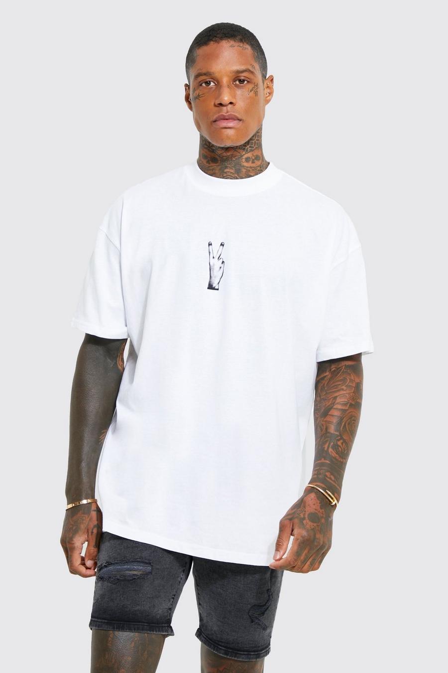 White Oversized Extended Neck Hand Print T-shirt image number 1