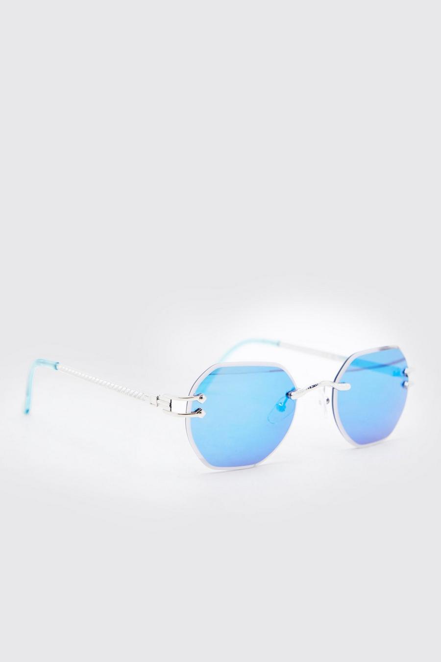 Blue bleu Metal Mirrored Hexagon Sunglasses