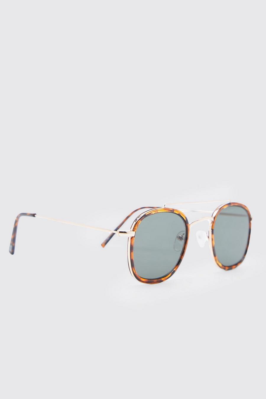 Brown brun Metal Bar Round Sunglasses