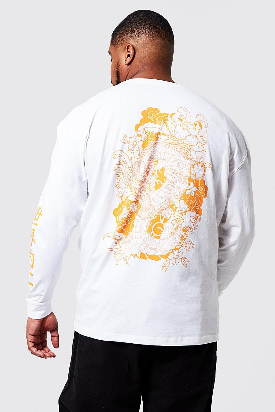 Langärmliges Oversize T-Shirt mit Drachen-Print, White
