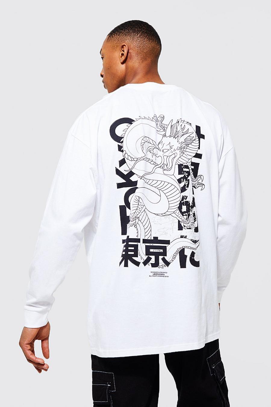 White Oversized Dragon Print Long Sleeve T-shirt image number 1