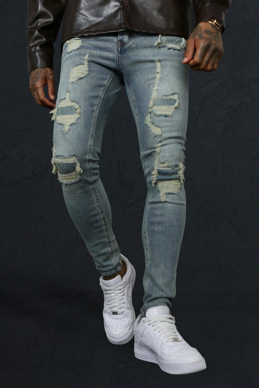 Jeans Super Skinny Fit con strappi & rattoppi in denim, Antique blue