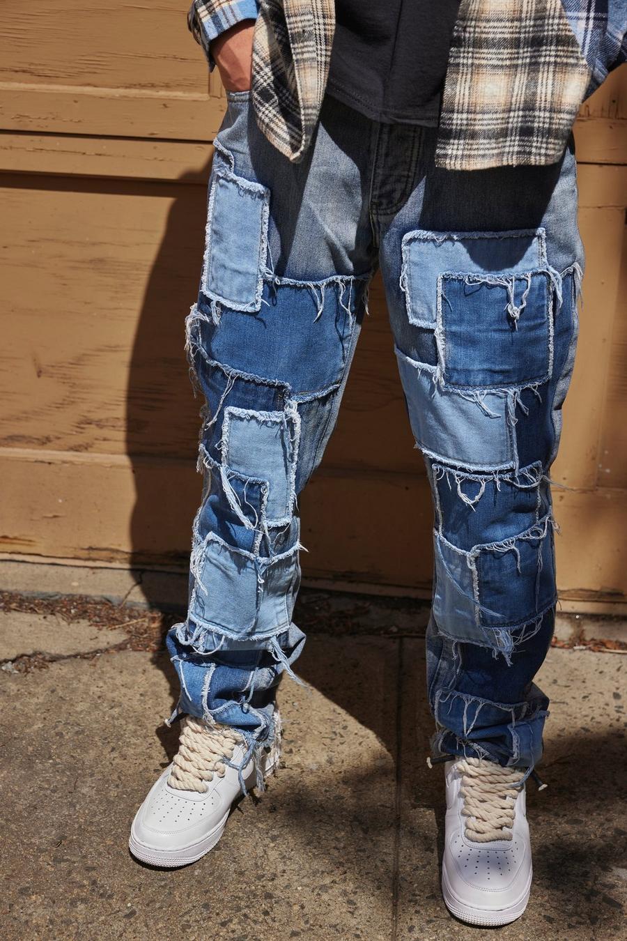 Light blue Straight Leg Denim Patchwork Jeans