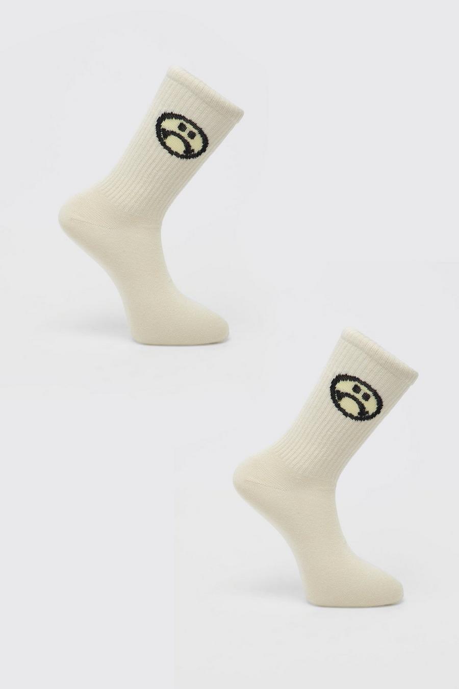 Pack de 2 pares de calcetines de tubo de jacquard con cara, Ecru image number 1