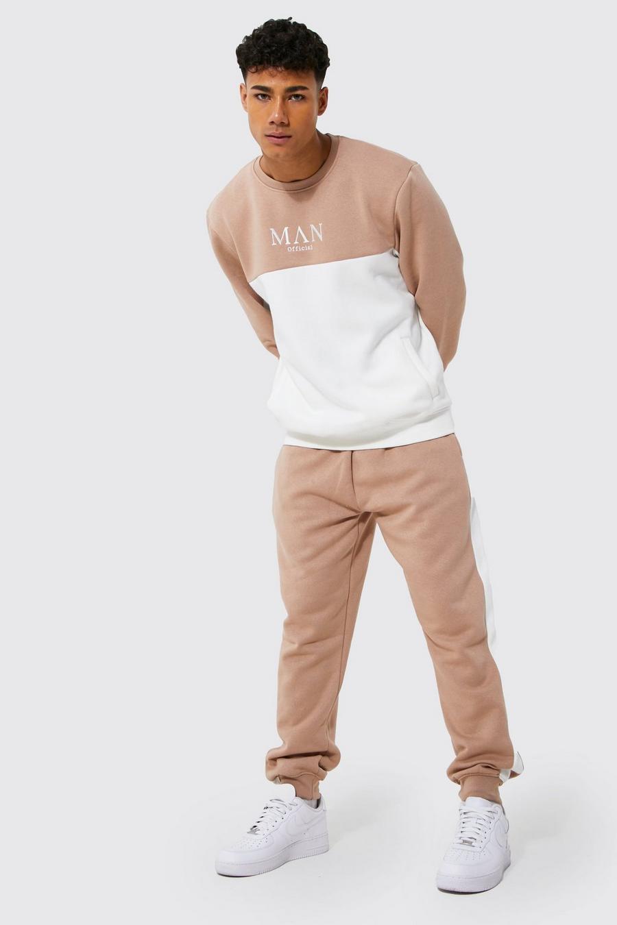 Taupe beige Colour Block Man Embroidered Tracksuit