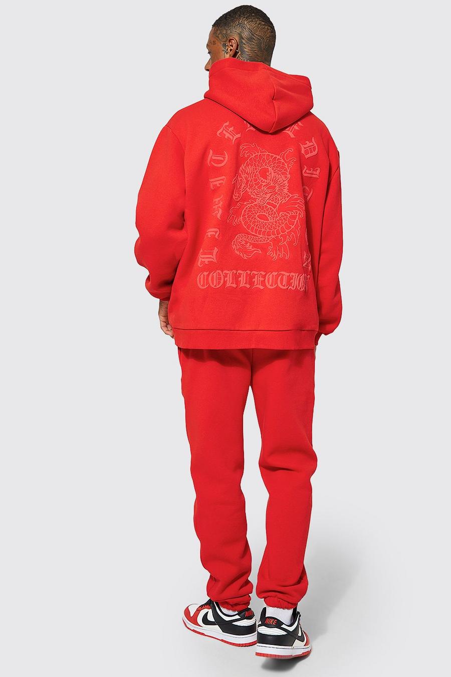 Red rouge Oversized Dragon 3d Zip Hooded Tracksuit