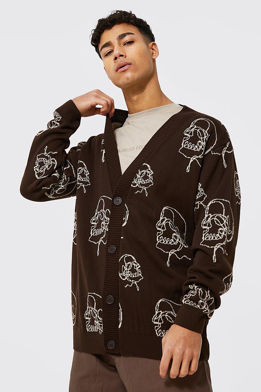 Chocolate Oversized Skull Graphic Knitted Cardigan image number 1