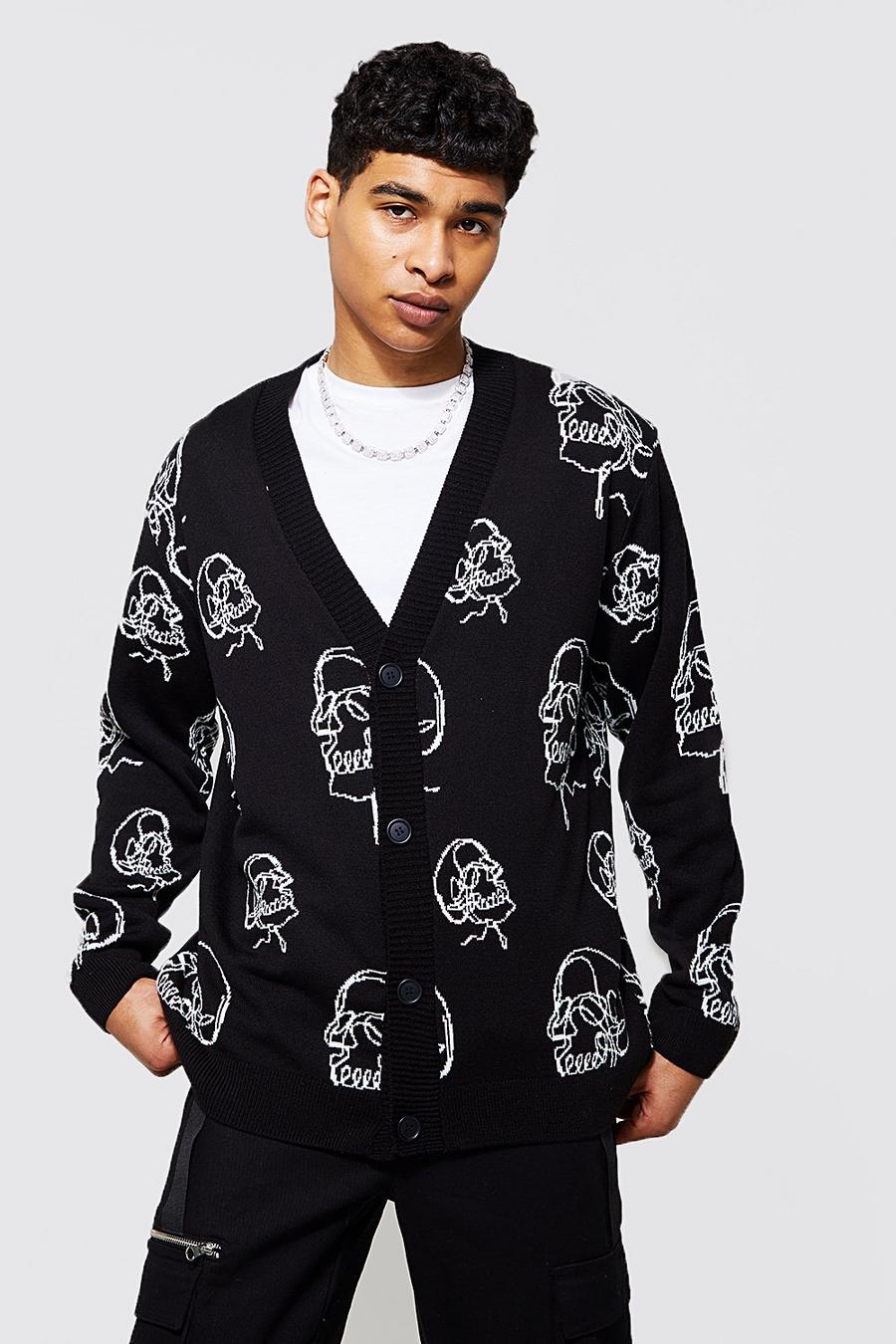 Black Oversized Skull Graphic Knitted Cardigan image number 1