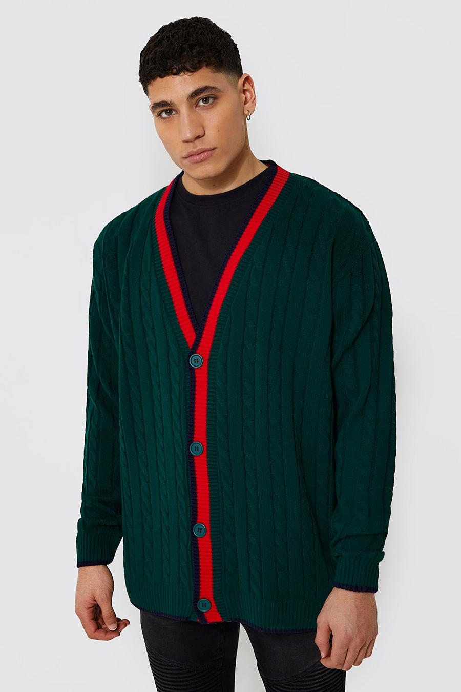 Green Oversized Varsity Cable Knitted Cardigan image number 1