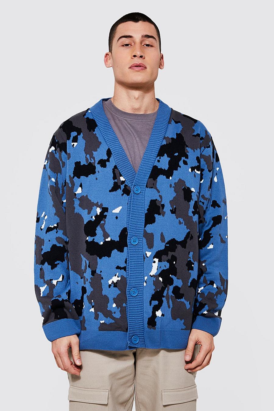 Blue Oversized Camo Knitted Cardigan image number 1