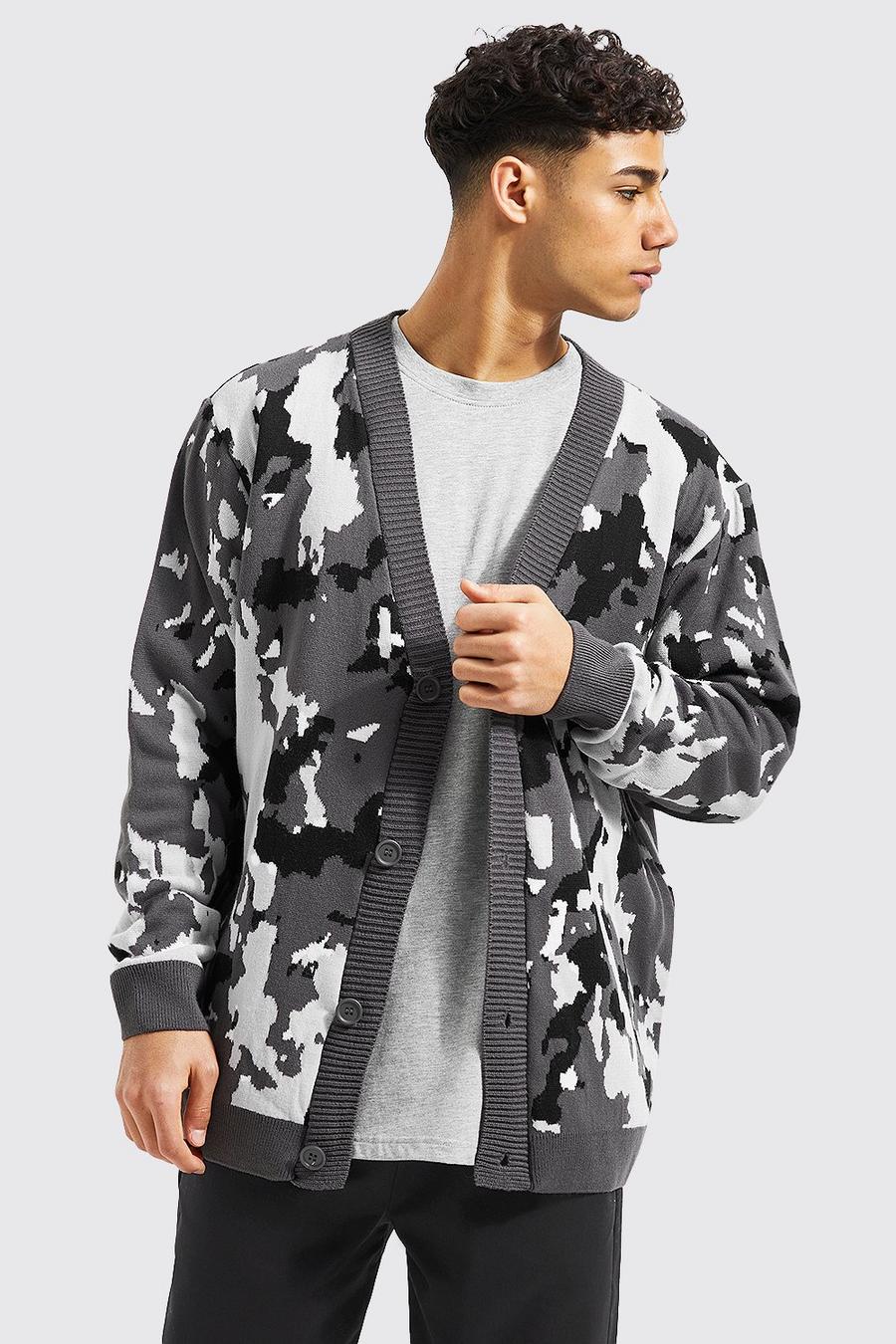 Charcoal grey Oversized Camo Knitted Cardigan image number 1