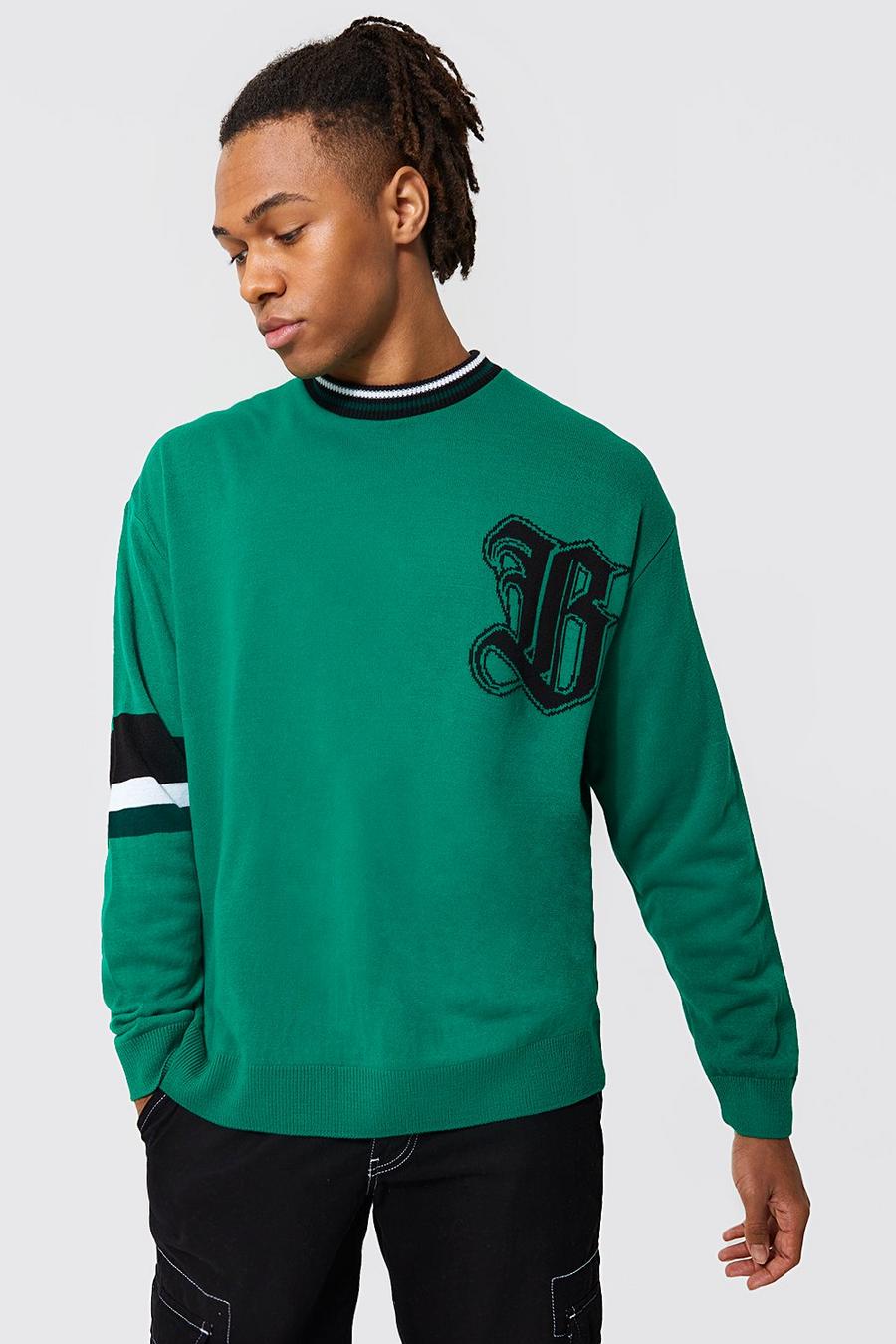 Green Oversized Varsity Intarsia Knitted Jumper image number 1