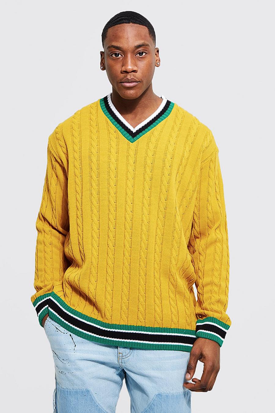 חרדל yellow סוודר אוברסייז בסריגת צמה ובסגנון נבחרת ספורט
