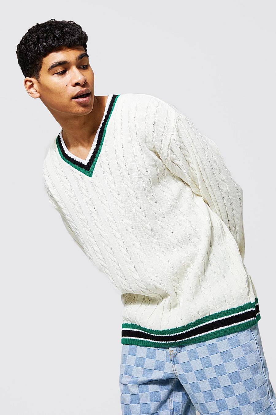 Cream Oversized Varsity Cable Knitted Jumper image number 1