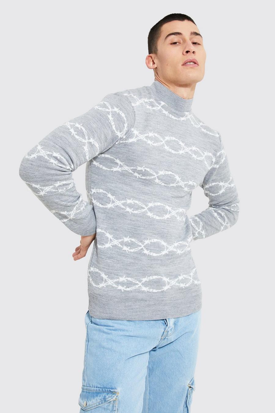 Grey marl Turtle Neck Muscle Fit Barbed Wire Jumper