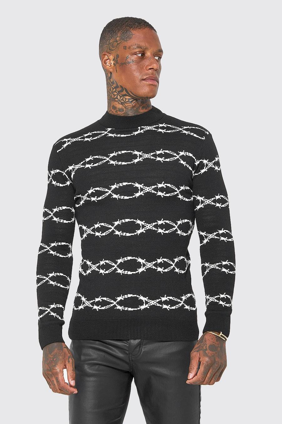 Black Turtle Neck Muscle Fit Barbed Wire Jumper