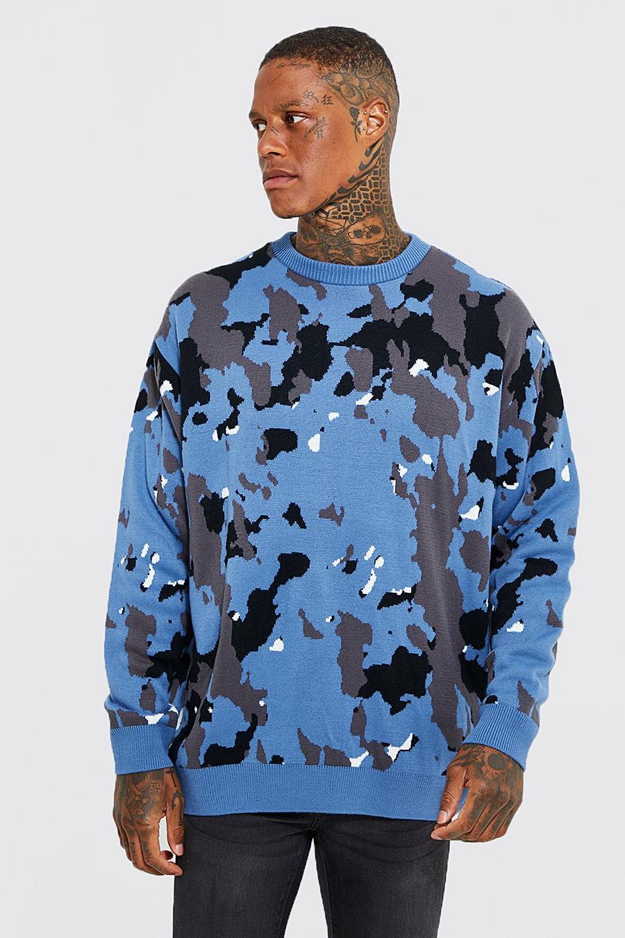 Maglione oversize in maglia in fantasia militare, Blue azzurro