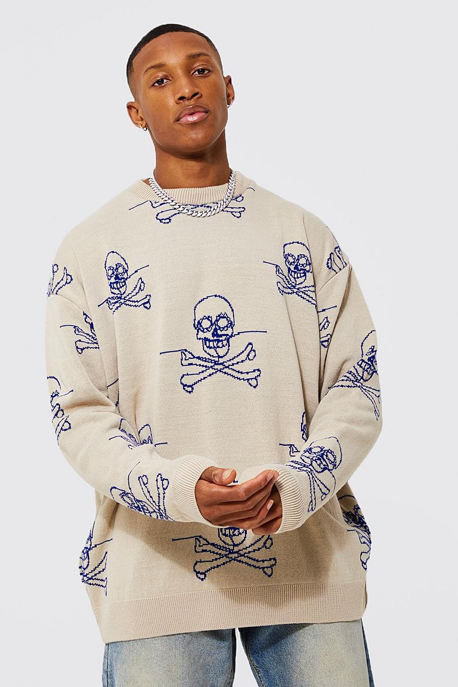 Stone Oversized Skull Graphic Knitted Jumper image number 1