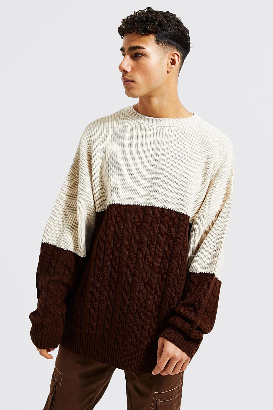 Stone beis Oversized Spliced Cable Knitted Jumper