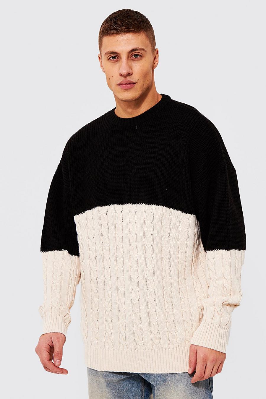 Black Oversized Spliced Cable Knitted Jumper image number 1