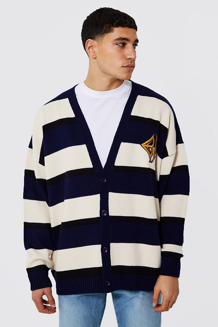 Navy Oversized Striped Knitted Cardigan With Badge image number 1