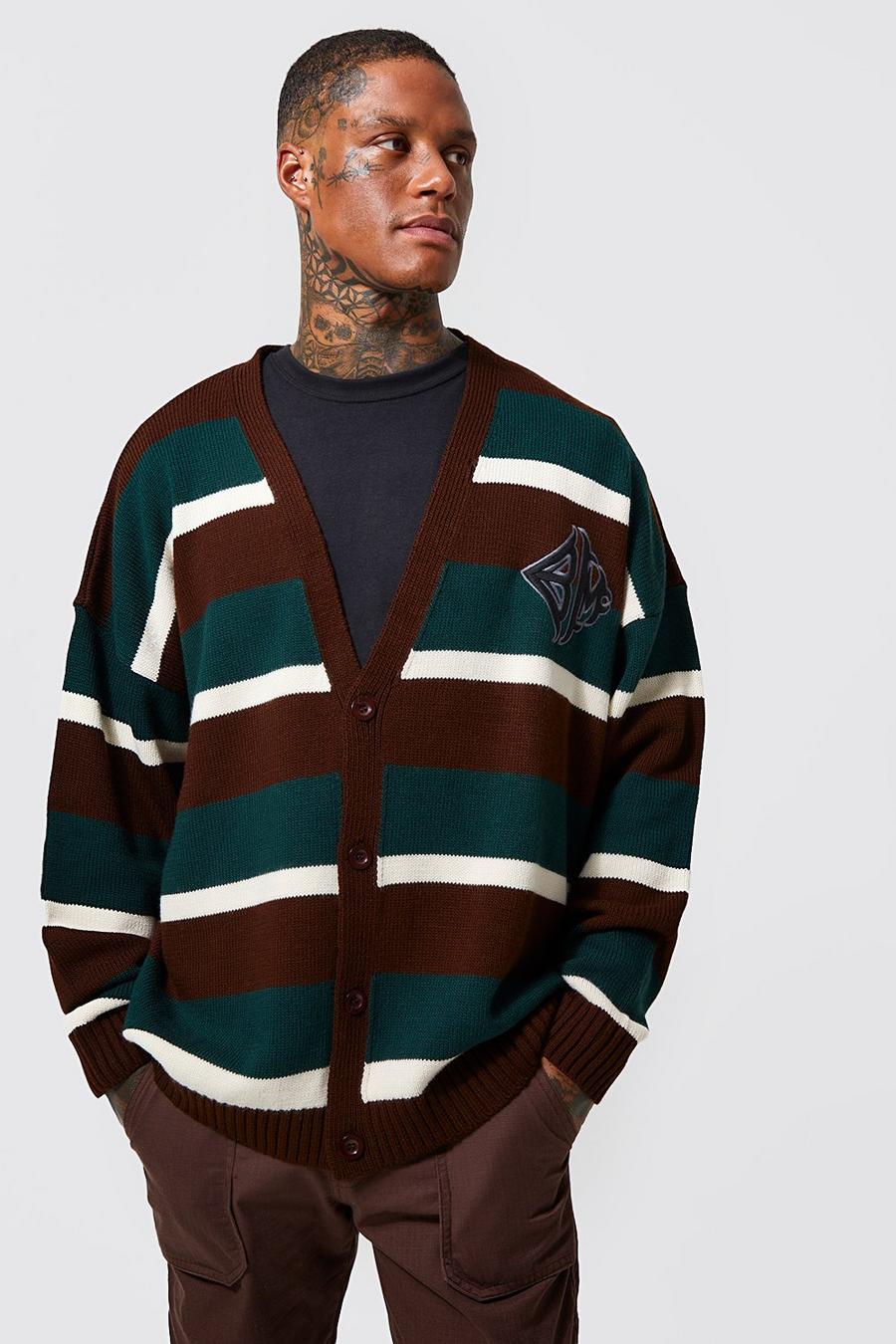 Brown Oversized Striped Knitted Cardigan With Badge image number 1