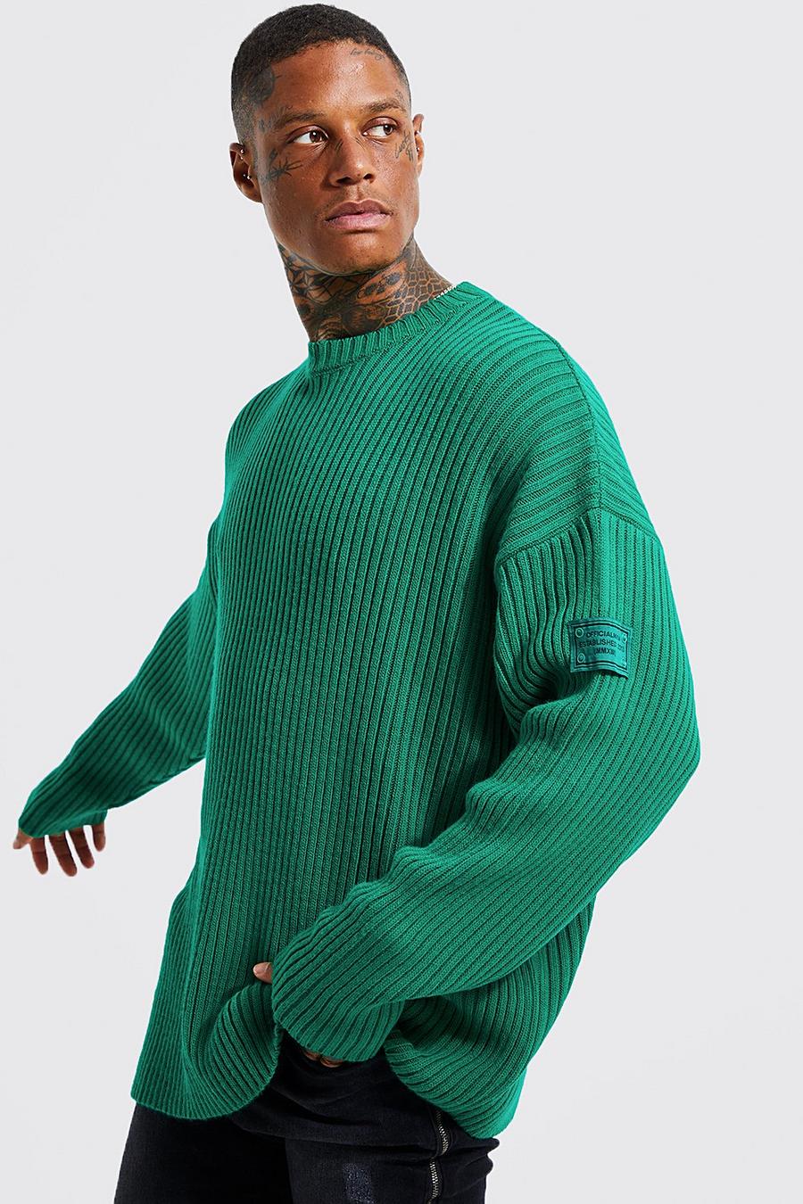 Green Oversized Fisherman Rib Jumper With Woven Tab image number 1