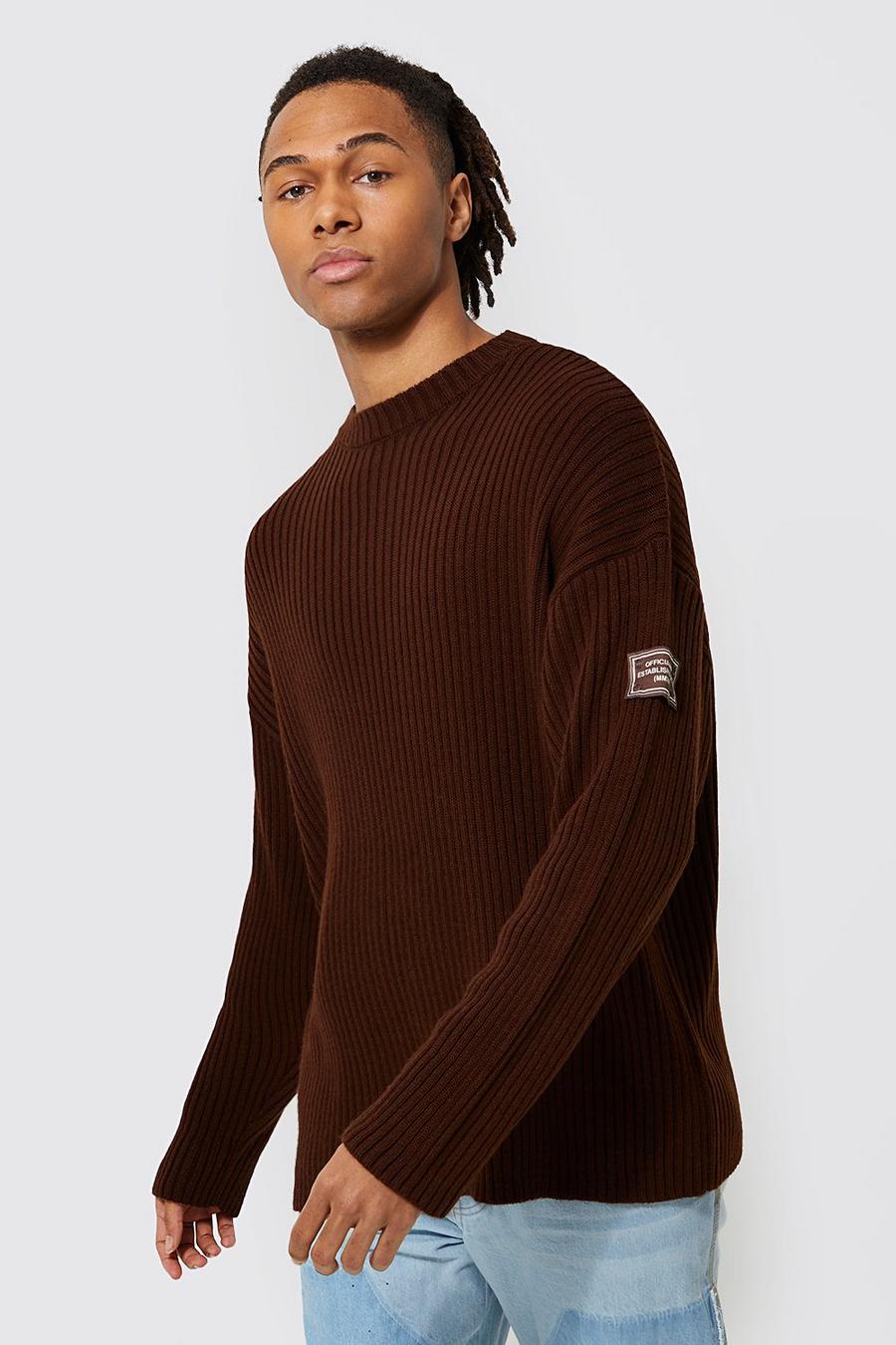 Chocolate brown Oversized Fisherman Rib Jumper With Woven Tab