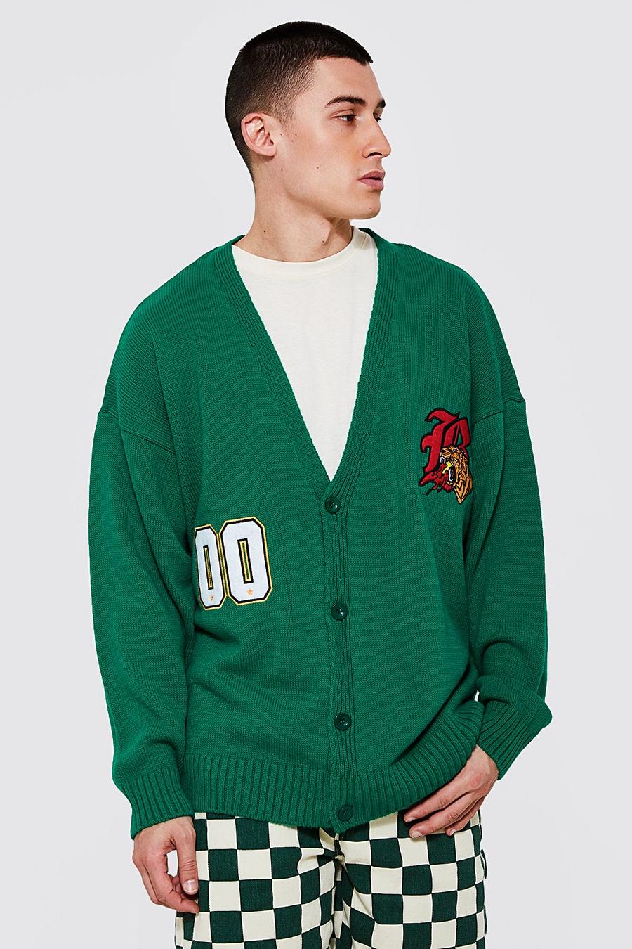 Cardigan oversize in maglia stile Varsity con intarsi, Green image number 1
